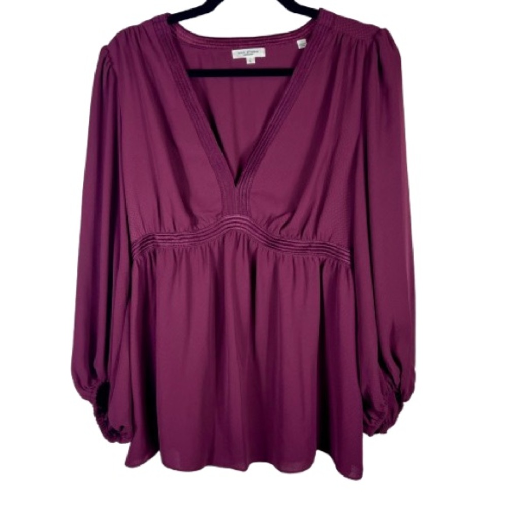 Max Studio Plum Long Sleeve Peplum Blouse | Deep V-Neck Boho Chic Top Size M